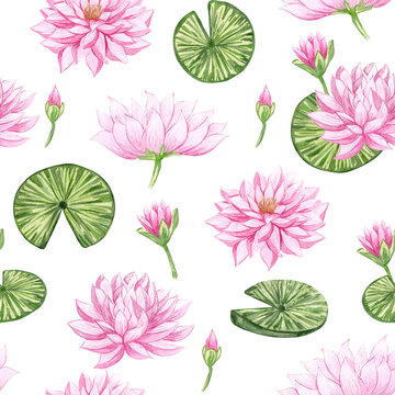 Watercolor seamless pattern with beautiful lotus flower. Hand drawn pink water lilies and leaves floral background.