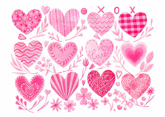 Fototapeta na wymiar Valentines day decorations. Watercolor hand drawn pink hearts, flowers, branches, can be used as print, postcard, stickers, labels,greeting cards, invitations, textile, packaging, wrapping, tattoo.