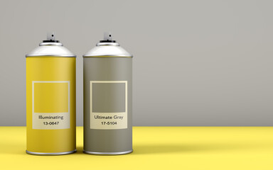 Spray paint cans with the colors of the year 2021 called Illuminating Yellow and Ultimate Gray with...