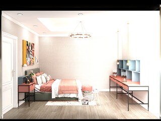 3d render of luxury hotel bedroom, home interior