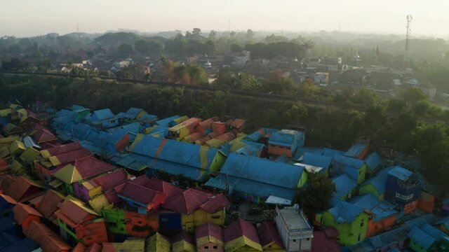Drone Over Multicolored Buildings Of Kampung Warna Warni Jodipan