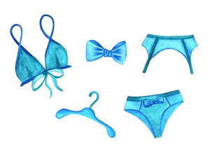 Set of watercolor illustrations - blue sexy panties and bra, bow and hanger. Set of women's underwear. Illustrations isolated on a white background.