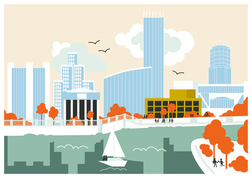 A large city embankment with tall buildings, people and a yacht. Vector picture is drawn in flat style.