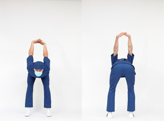 Obraz premium Standing caucasian medical professional in uniform stretching back and arms - front and back view