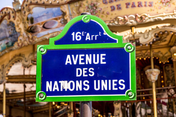 street sign avenue des nations unies - street of the united nations - in Paris, France