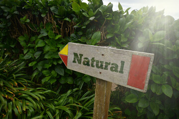 vintage old wooden signboard with text natural near the green plants.