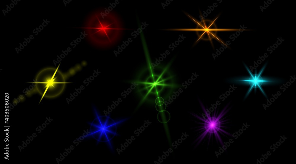 Wall mural set of flashes, star burst and sparkles on transparent background. golden glowing effect with light 