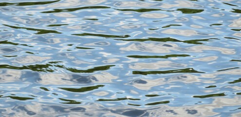 Closeup of light blue shining glossy water texture, panoramic view