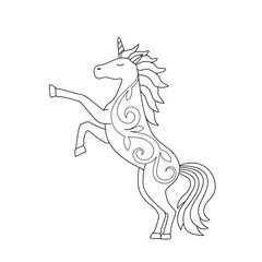 Outline of a beautiful unicorn with an ornament. Cute horse coloring book for kids, sketch, black lines on white. Vector illustration.
