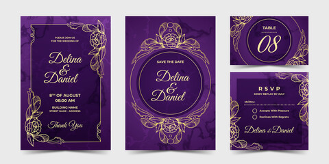Golden Flowers Invitation on the Violet Background
