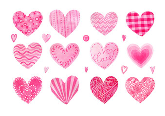 Valentines day decorations. Watercolor hand drawn pink hearts set. Can be used as print, postcard, stickers, labels,greeting cards, invitations, textile, packaging, wrapping, tattoo.