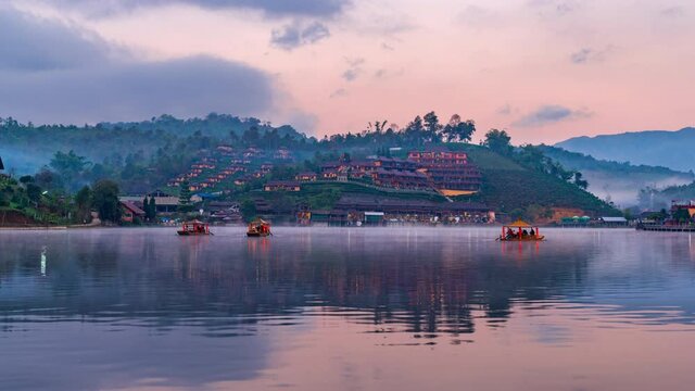 Time lapse 4k. View lake and morning fog in Ban rakthai, Maehongson province,Thailand.
