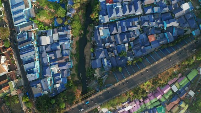 Drone Over Road And Colored Buildings Of Kampung Warna Warni Jodipan