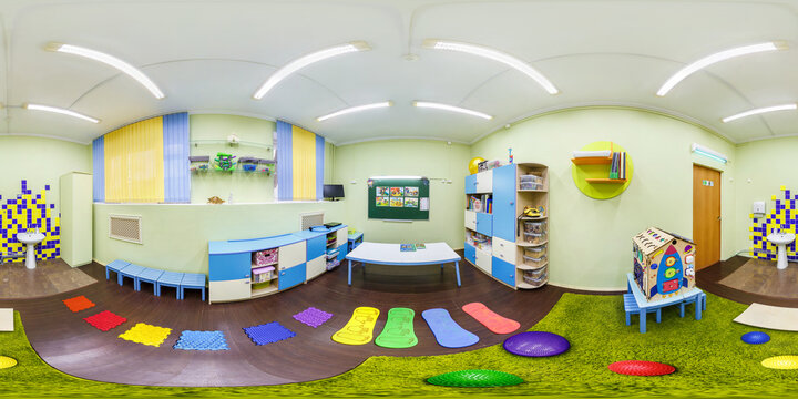 MINSK, BELARUS - JANUARY, 2020: full seamless spherical hdri panorama 360 degree in interior of class of children's development in equirectangular  projection, VR content