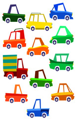 Serie de divertidos vehículos en lineas rectas y multicolores