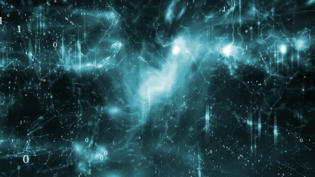 Digital futuristic binary data animation with turquoise light streaks background. 