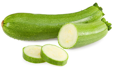 fresh green zucchini or marrow slices isolated on white background. full depth of field. clipping path