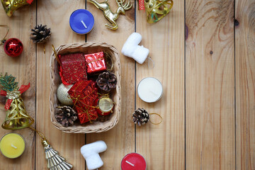 Christmas and new year decorations on wooden floor.