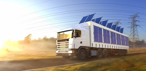 LKW mit Solarzellen auf dem Dach fährt durch sommerliche Landschaft