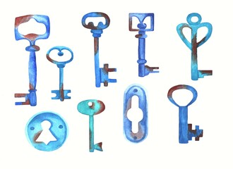 Watercolor set of old rusty keys, hand-drawn on a white background. Vintage elements. Blue keys.
