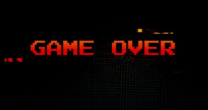 Retro videogame arcade footage with "Game Over" text appearing over distorted background with glitch and noise. Game Over text from 80s and 90s. Vintage screen animation