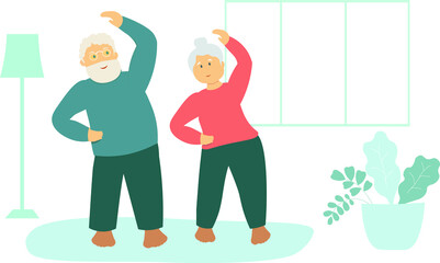 An elderly couple of old people doing exercises at home, leading an active lifestyle during isolation. Vector graphics
