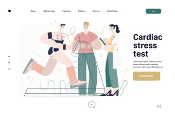 Medical tests template - cardiac stress test -modern flat vector concept digital illustration of stress test procedure -patient with sensors on treadmill and doctors carrying out procedure, laboratory