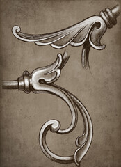 Wrought iron details. A sketch of an iron fence. Hand drawing. Vintage.