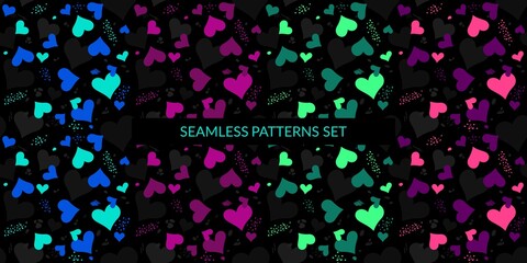 Dark Black Neon Hearts Seamless Pattern. Vector Illustration Background Art For Happy Valentines Day Or Wedding