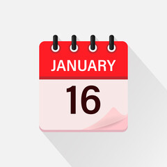 January 16, Calendar icon with shadow. Day, month. Flat vector illustration.