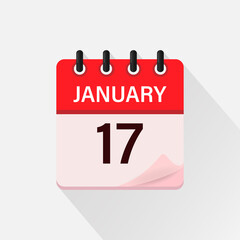 January 17, Calendar icon with shadow. Day, month. Flat vector illustration.