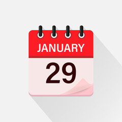 January 29, Calendar icon with shadow. Day, month. Flat vector illustration.
