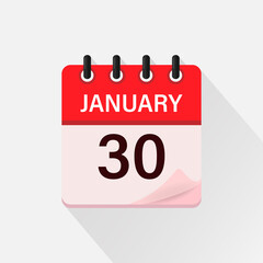 January 30, Calendar icon with shadow. Day, month. Flat vector illustration.