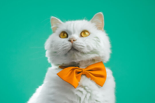 Cute Portrait Of White Furry Cat In Orange Bowtie On Turquoise Chromakey Background. Studio. Luxurious Isolated Domestic Kitty.