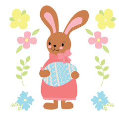 Brown cute little bunny girl in a pink dress with an Easter egg. Character in cartoon flat style isolated on white background.