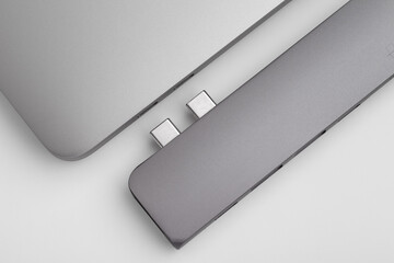 Close-up photo of type-c hub and laptop