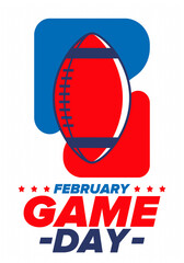 Game Day. American football playoff. Super Party in United States. Final game of regular season. Professional team championship. Ball for american football. Sport poster. Vector illustration