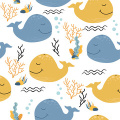 Vector seamless childish pattern with cute whales in cartoon scandinavian style