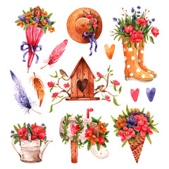 Watercolor spring illustration. Floral straw hat, ice cream, mailbox and umbrella. Watercolor illustration on white background. An illustration for postcards, posters, textile design and others