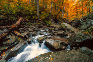 A creek flows over rocky boulders in autumn