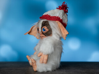 toy Gremlin Gizmo, hand made in a mixed technique from faux fur and polymer clay