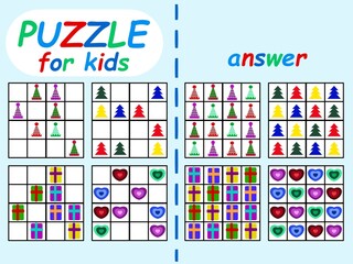 Sudoku puzzle winter set for kids stock vector illustration. Educational logic children game colorful printable horizontal worksheet. Funny four sudoku simple games without numbers. One of a series