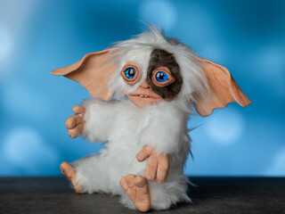 toy Gremlin Gizmo, hand made in a mixed technique from faux fur and polymer clay