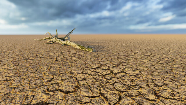 Concept or conceptual desert landscape with a parched tree trunck as a metaphor for global warming and climate change. A warning for the need to protect our environment and future 3d illustration