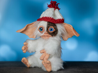 toy Gremlin Gizmo, hand made in a mixed technique from faux fur and polymer clay
