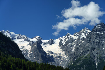 Mountain landscape along the road to Stelvio pass at summer