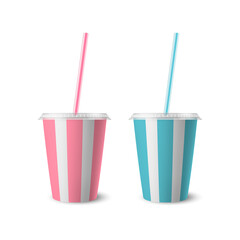 Vector 3d Realistic Striped White Paper Disposable Cup Set with Lid, Straw for Beverage, Drinks Isolated. Coffee, Soda, Tea, Cocktail, Milkshake. Design Template of Packaging for Mockup. Front View