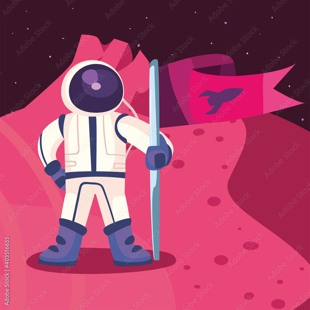 Poster space astronaut with flag on planet vector design