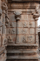 Hampi, Karnataka, India - November 5, 2013: Sri Krishna temple in ruins. Set of 7 mural sculptures...
