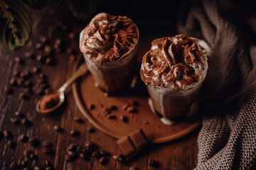 Warm chocolate and coffee beverage / drink - dark and moody vintage food photography